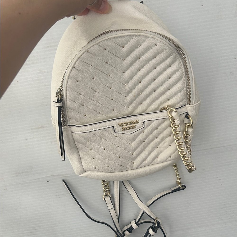Victoria's Secret Cream Quilted Mini Backpack with Gold Chain
